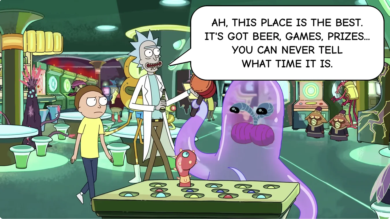 Panel 2. Rick: Ah, this place is the best. It's got beer, games, prizes... you can never tell what time it is.