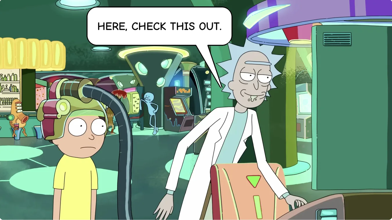 Panel 3. Rick: Here, check this out.