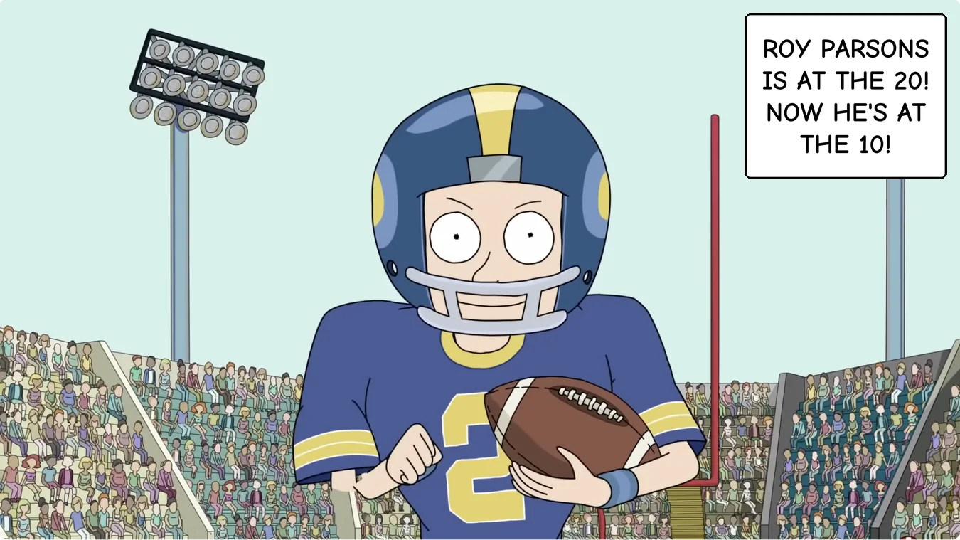 Panel 10. Announcer: Roy Parsons is at the 20! Now he's at the 10!