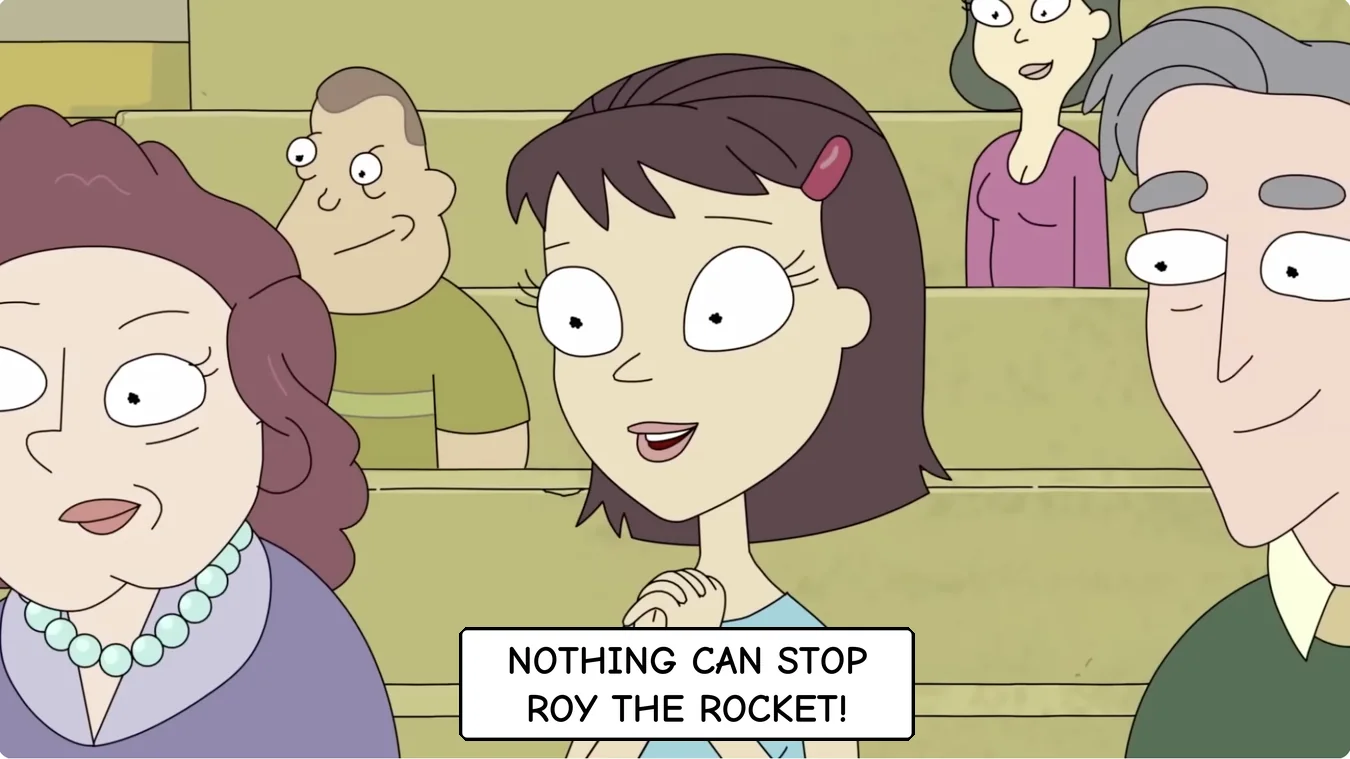 Panel 11. Announcer: Nothing can stop Roy the Rocket!