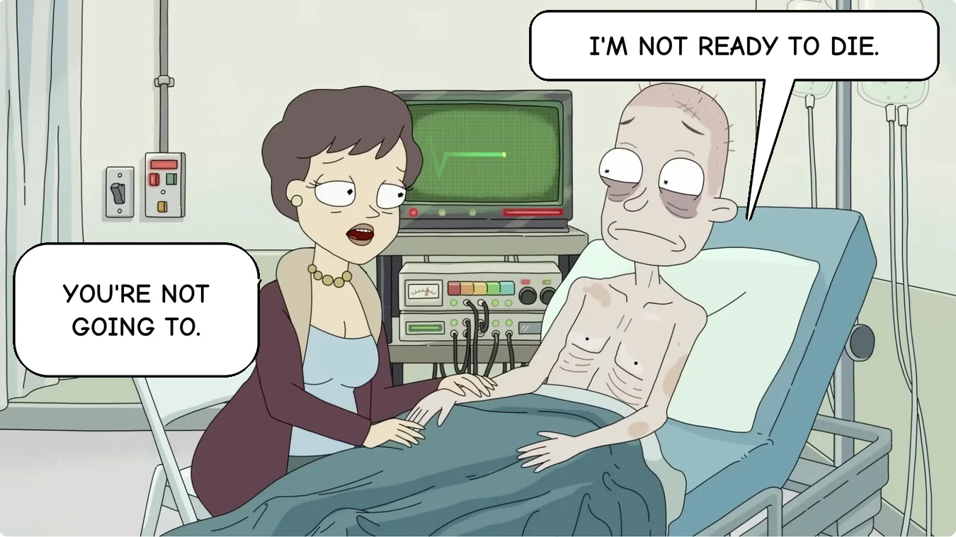 Panel 17. Roy: I'm not ready to die. Wife: You're not going to.