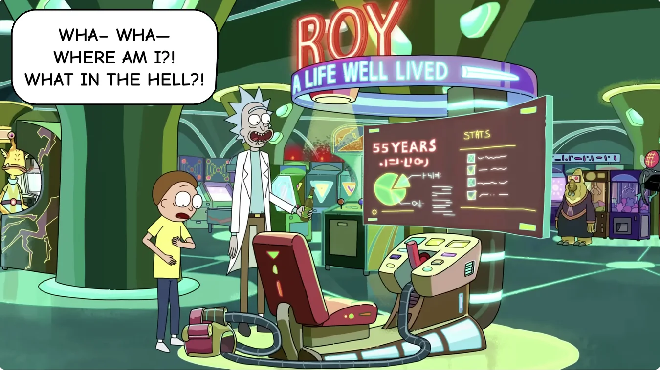 Panel 31. Morty: Wha– wha— where am I?! What in the hell?!