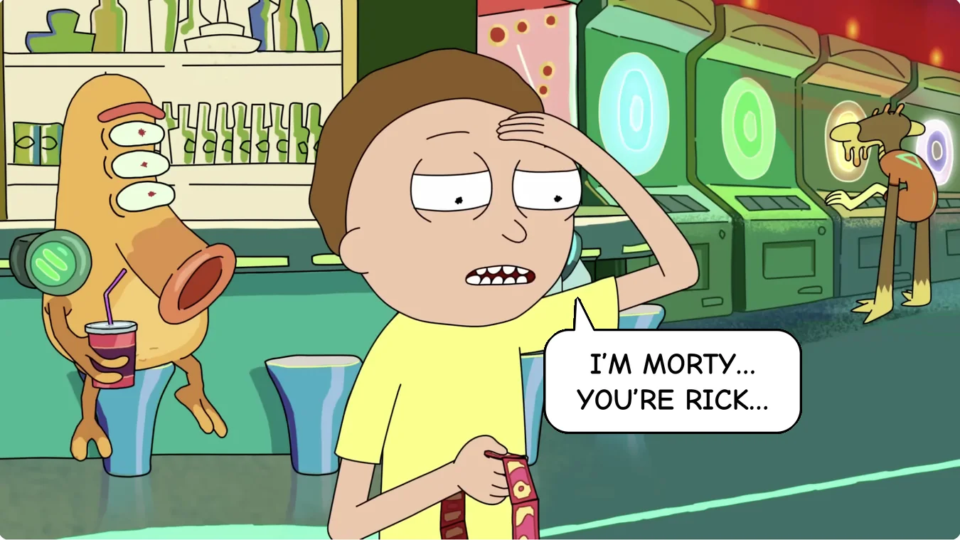 Panel 34. Morty: I'm Morty… you're Rick…
