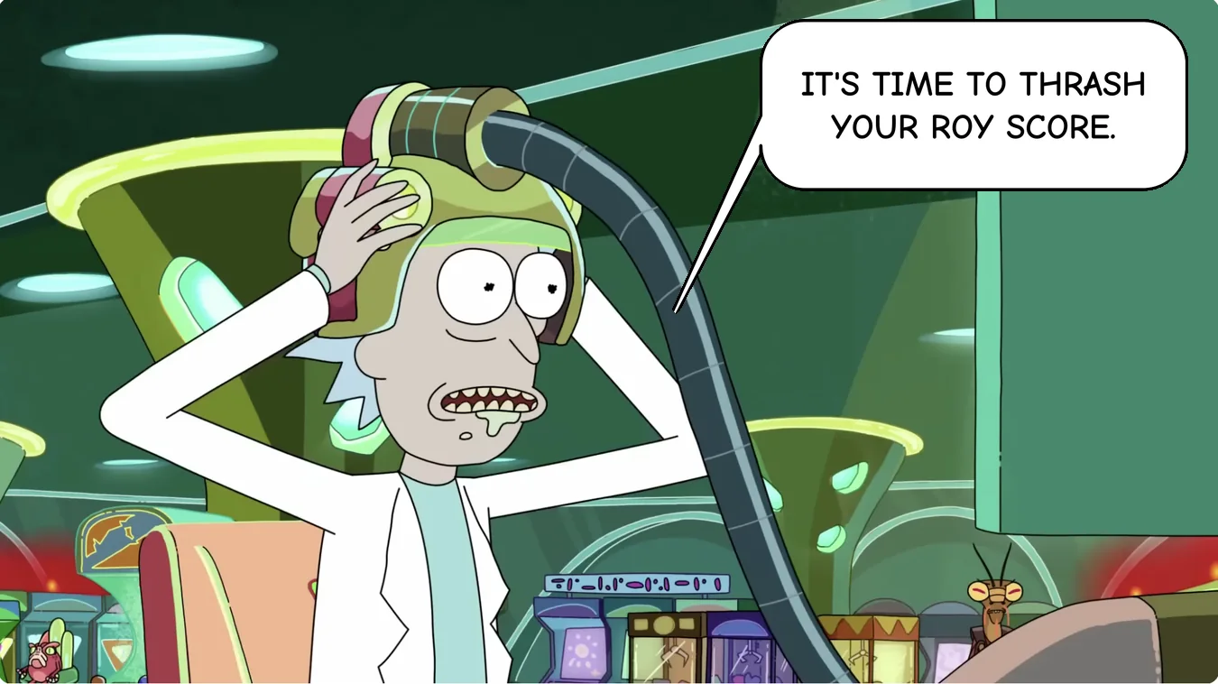 Panel 36. Rick: It's time to thrash your Roy score.