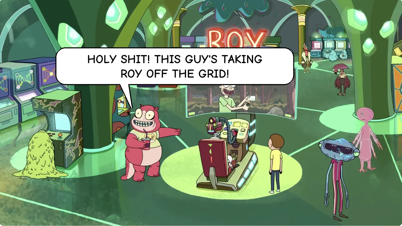 Panel 38. Alien: Holy shit! This guy's taking Roy off the grid!