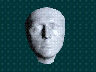 The hollow-mask illusion, shown here as a still from a rotating animation: a concave (hollow) mask that the brain nonetheless reads as a normal convex face.