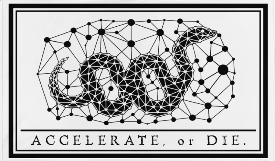The e/acc flag: a serpent drawn as a network graph, over the words “Accelerate, or Die.”