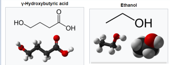 Structural formulas and ball-and-stick models of γ-hydroxybutyric acid and ethanol, side by side.